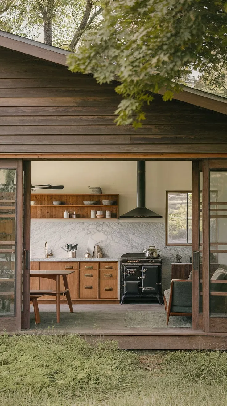 Where rustic charm meets modern minimalism. This mid-century farmhouse, nestled amongst lush greenery, boasts a cabin-style kitchen featuring a stunning marble countertop and vintage stove, all complemented by a simple yet elegant interior design. The perfect blend of old-world craftsmanship and contemporary living.