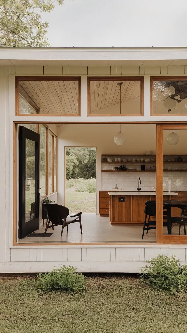Mid-century modern meets farmhouse charm in this serene retreat. The minimalist decor, punctuated by pops of black against the white exterior and warm wood interiors, creates a space that's both stylish and effortlessly calming. Large windows frame the lush green landscape, bringing the outdoors in. A perfect blend of classic and contemporary design.