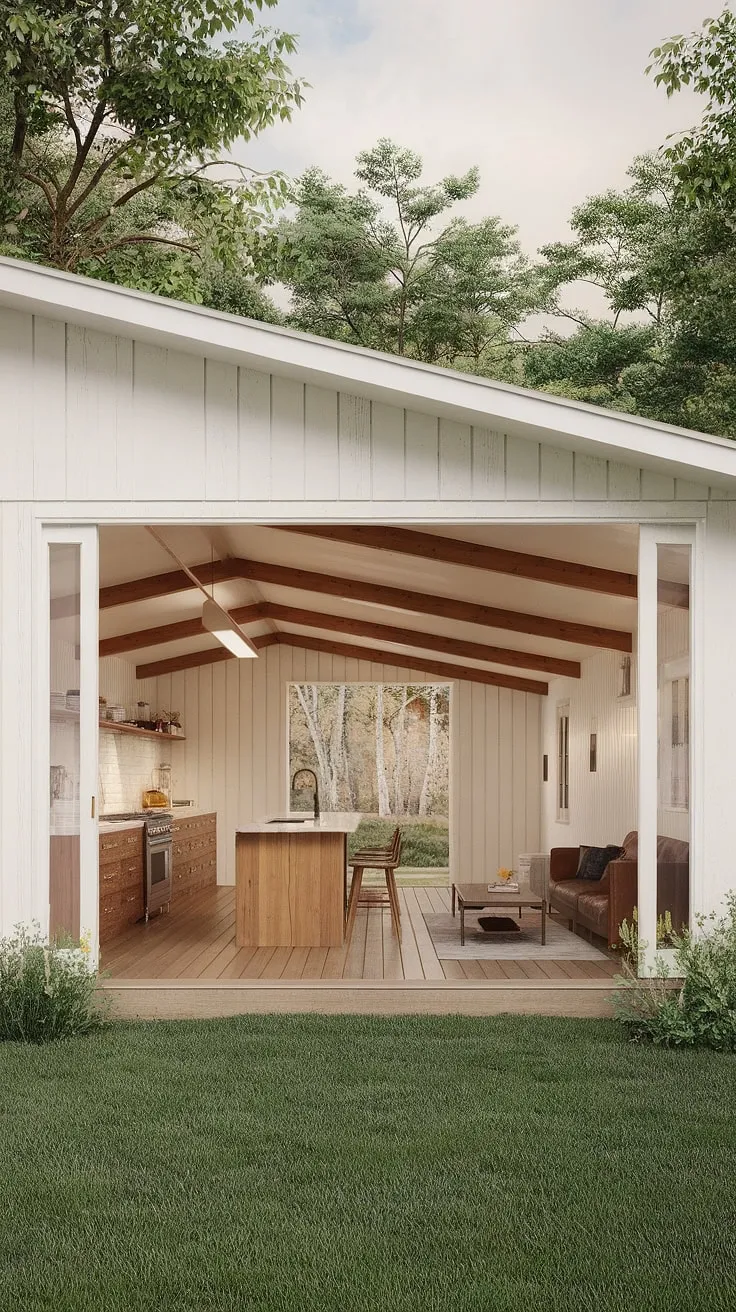 A sanctuary of calm. This minimalist mid-century farmhouse showcases the beauty of simple design. Natural light floods the open-plan living spaces, highlighting the warm wood accents and creating a sense of serenity. The kitchen, with its cabin-like feel, is both functional and aesthetically pleasing. A testament to understated elegance and comfortable living.