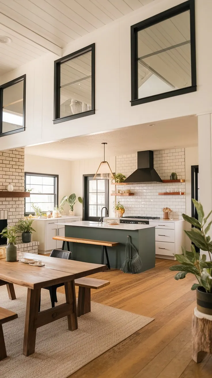 This stunning mid-century farmhouse showcases the best of both worlds: the clean aesthetic of modern design and the cozy charm of rustic living. The white exterior with black accents is beautifully complemented by the warm, inviting interior, featuring a thoughtfully curated mix of wood, brick, and greenery. The dark green kitchen island is a striking centerpiece, adding a touch of unexpected drama to the otherwise minimalist space. A perfect blend of form and function.