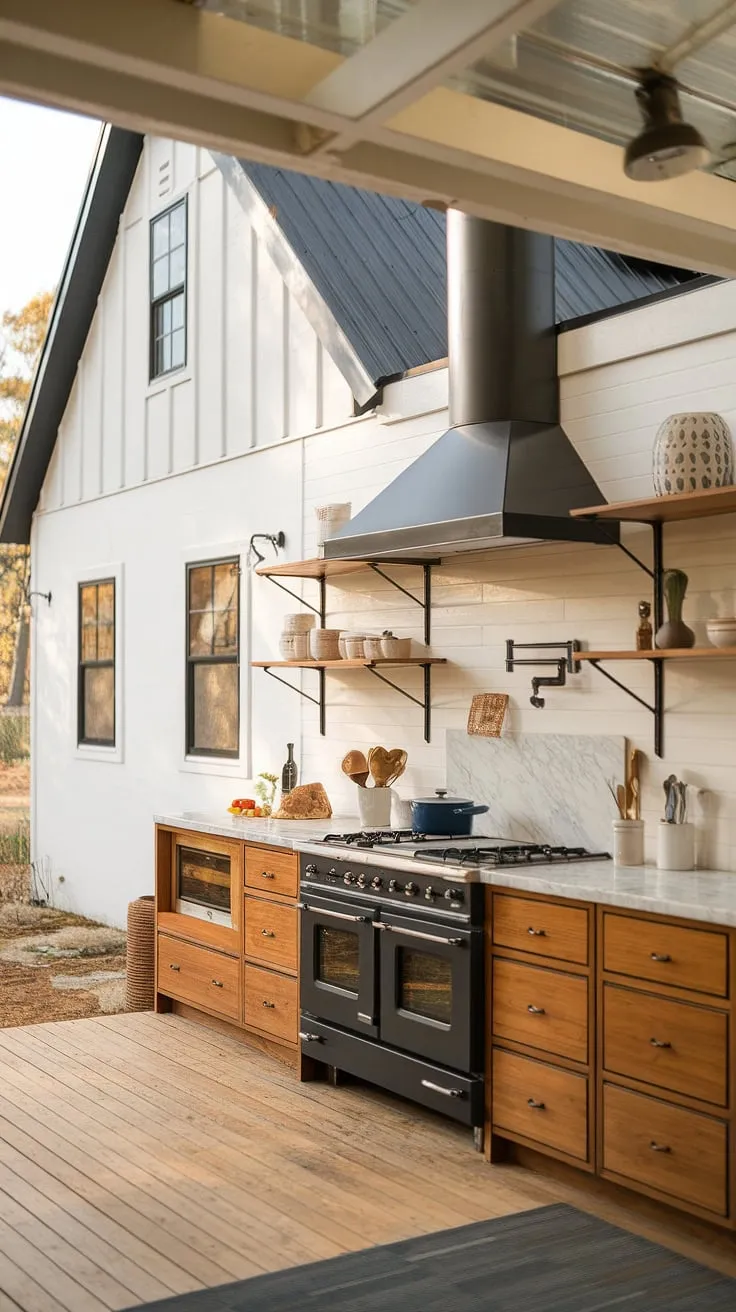 Where classic farmhouse charm meets modern minimalist design. The crisp white exterior belies a cozy cabin-inspired kitchen, complete with rich wood cabinetry, sleek black accents, and a marble countertop that speaks to effortless elegance. A perfect blend of old and new.