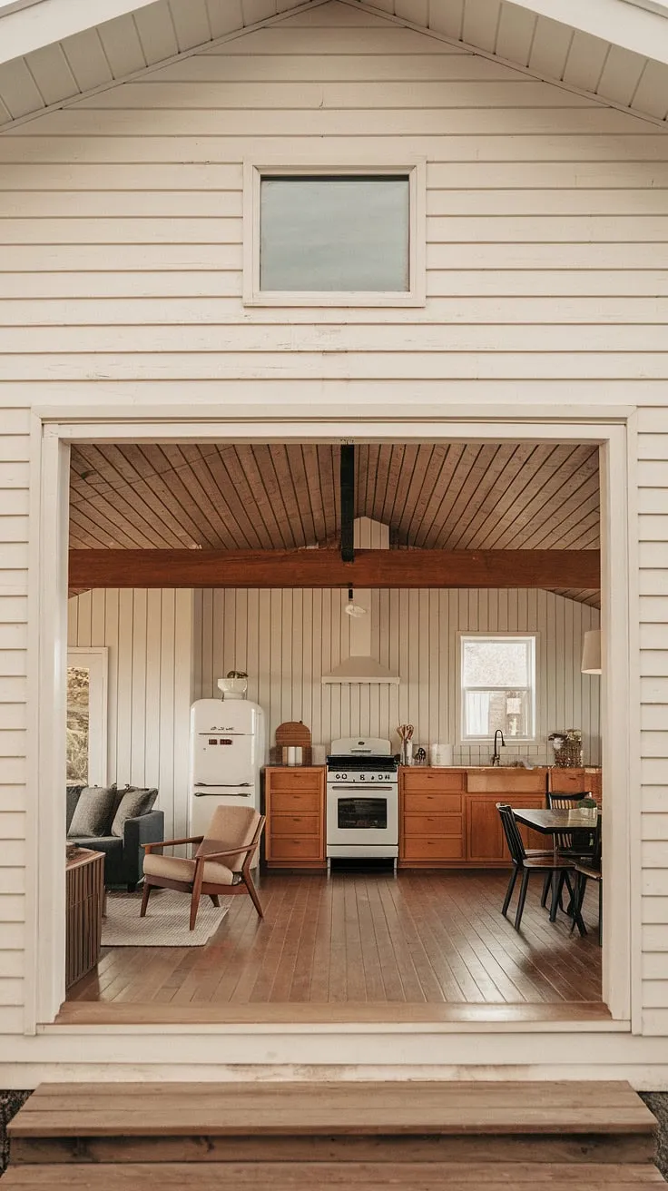 Where modern meets rustic: This mid-century modern farmhouse seamlessly blends clean lines with warm, earthy tones. The open floor plan, wood-paneled ceilings, and functional design create a space that's both stylish and inviting. A perfect example of how thoughtful architecture can enhance everyday living.