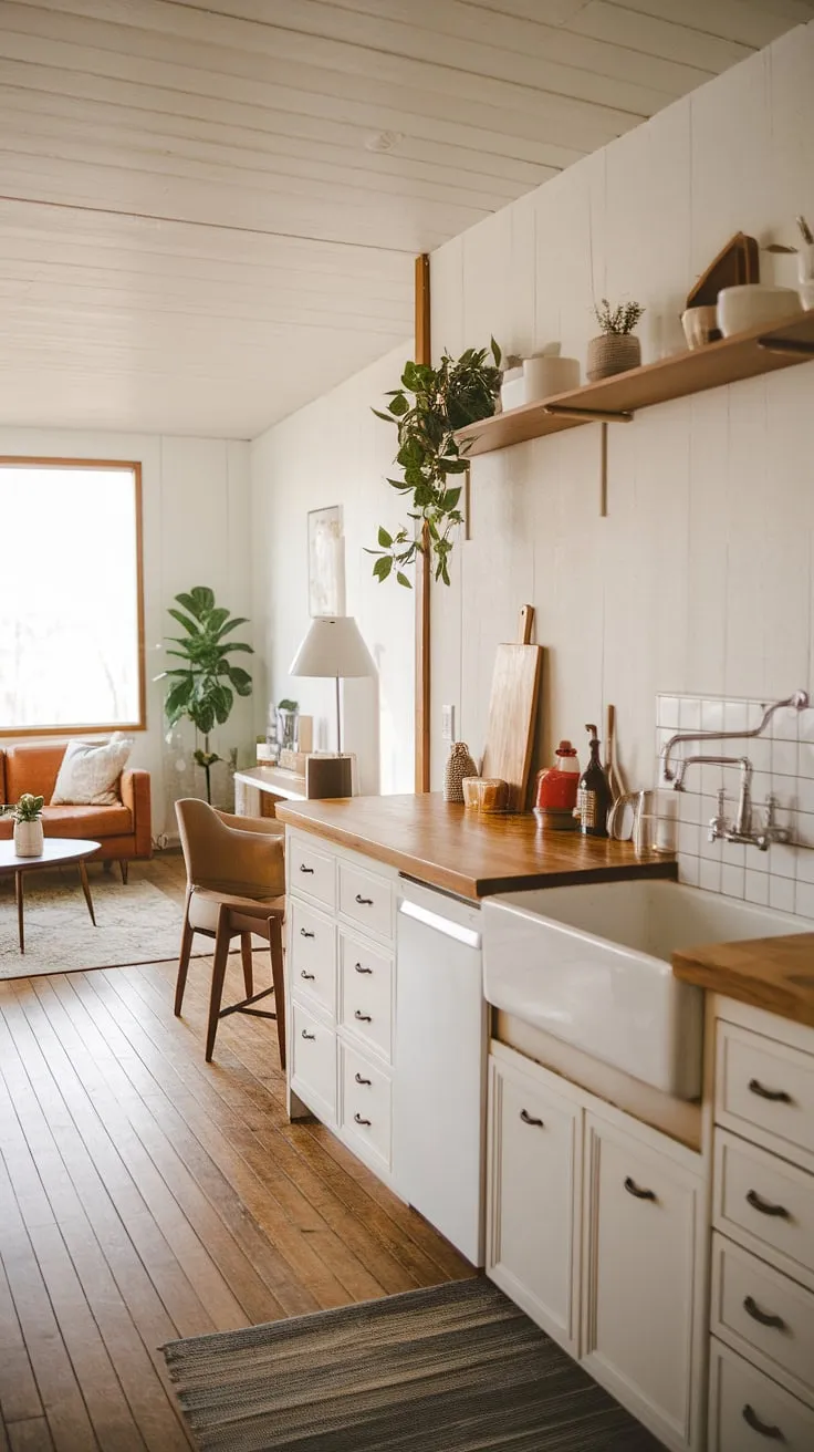 Sunlight streams into this airy cabin kitchen, illuminating the warm tones of the wooden countertop and the crisp white sink. A few carefully chosen items, a potted plant, and a simple lamp add personality without cluttering the space. This minimalist design, showcasing the beauty of natural materials, creates a peaceful and inviting atmosphere, perfectly complementing the relaxed vibe of the adjacent living area.