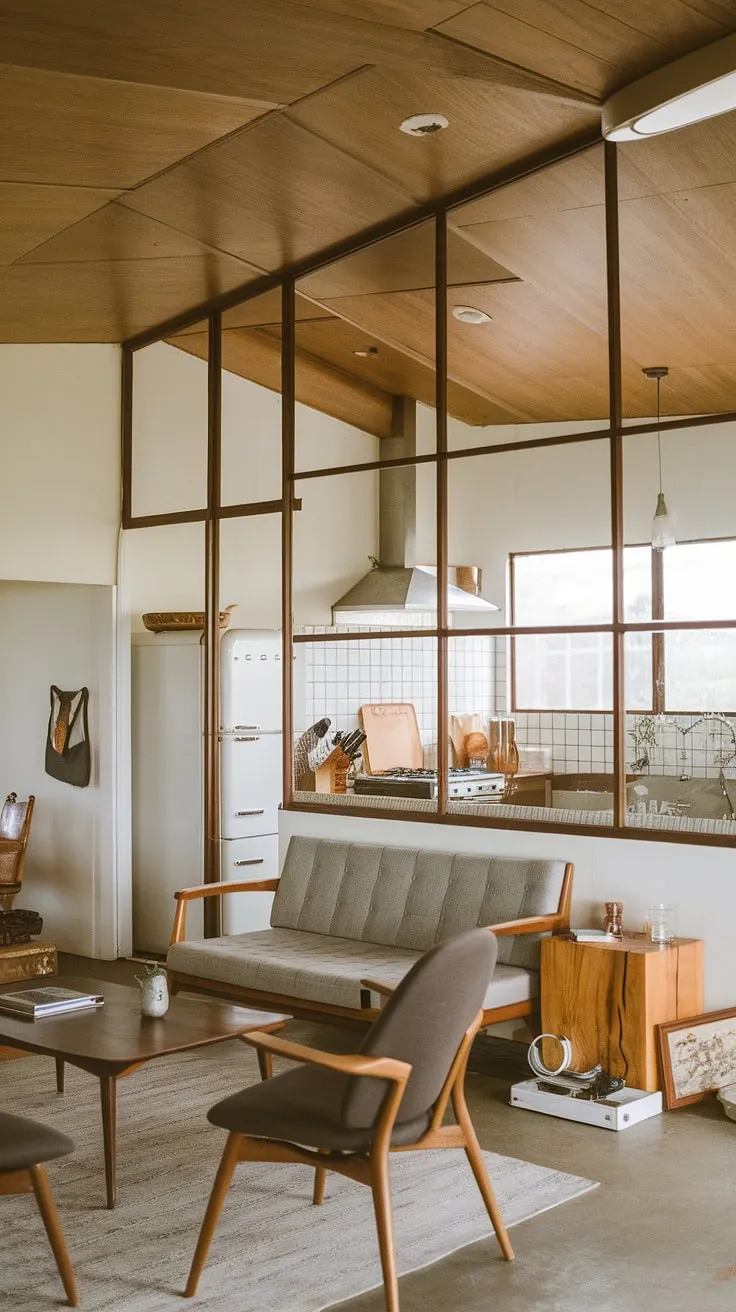 This airy, light-filled space showcases the best of mid-century modern design. A glass partition cleverly divides the living area from the kitchen, maintaining an open feel while offering a subtle separation. The simple, functional furniture and the warm wood accents create a space that is both stylish and incredibly inviting. A perfect blend of form and function.