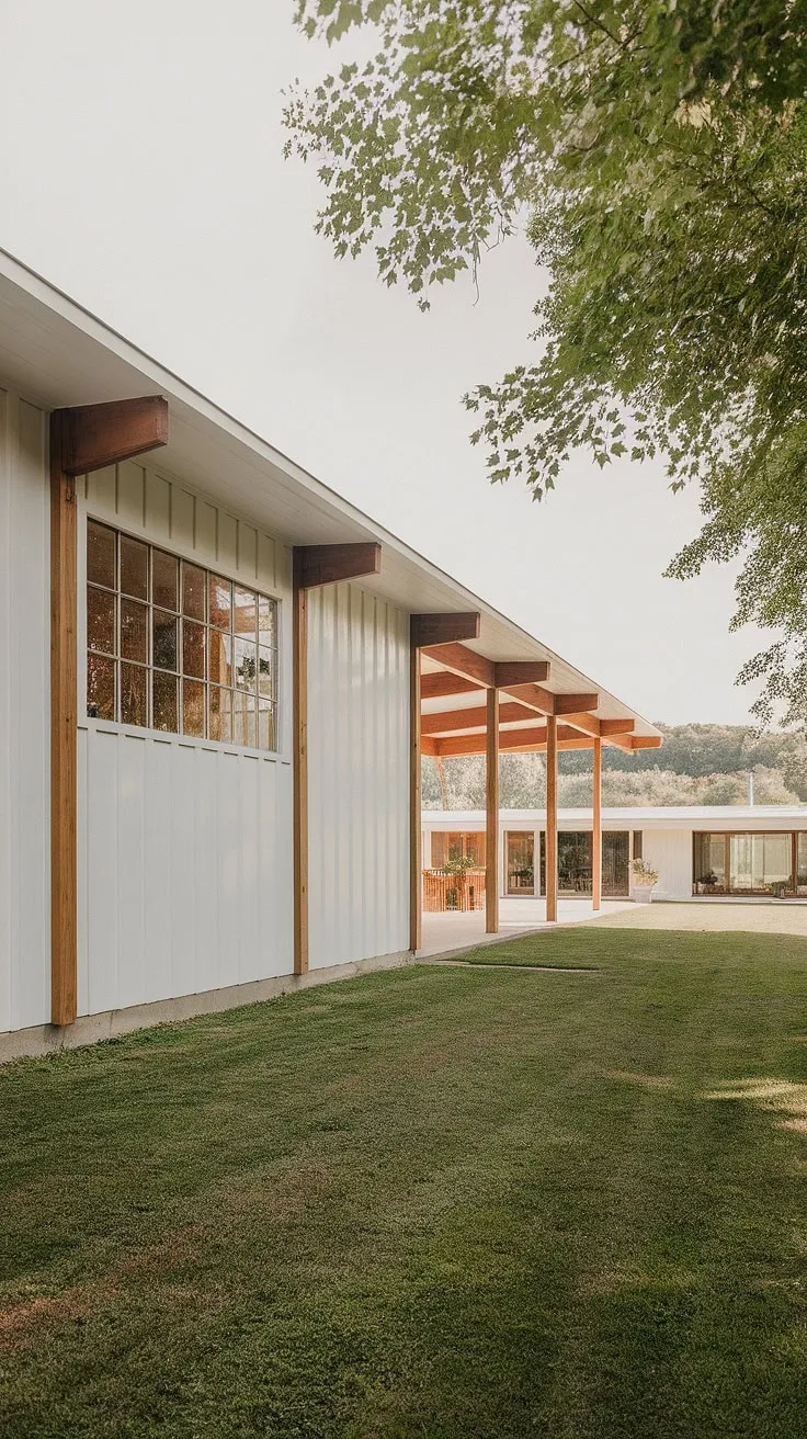 Architectural perfection meets pastoral charm. This mid-century modern farmhouse, with its clean lines and exposed wooden beams, seamlessly blends minimalist design with the beauty of its natural surroundings. The expansive window offers a breathtaking view, showcasing the harmonious relationship between structure and landscape. A testament to timeless elegance and understated luxury.