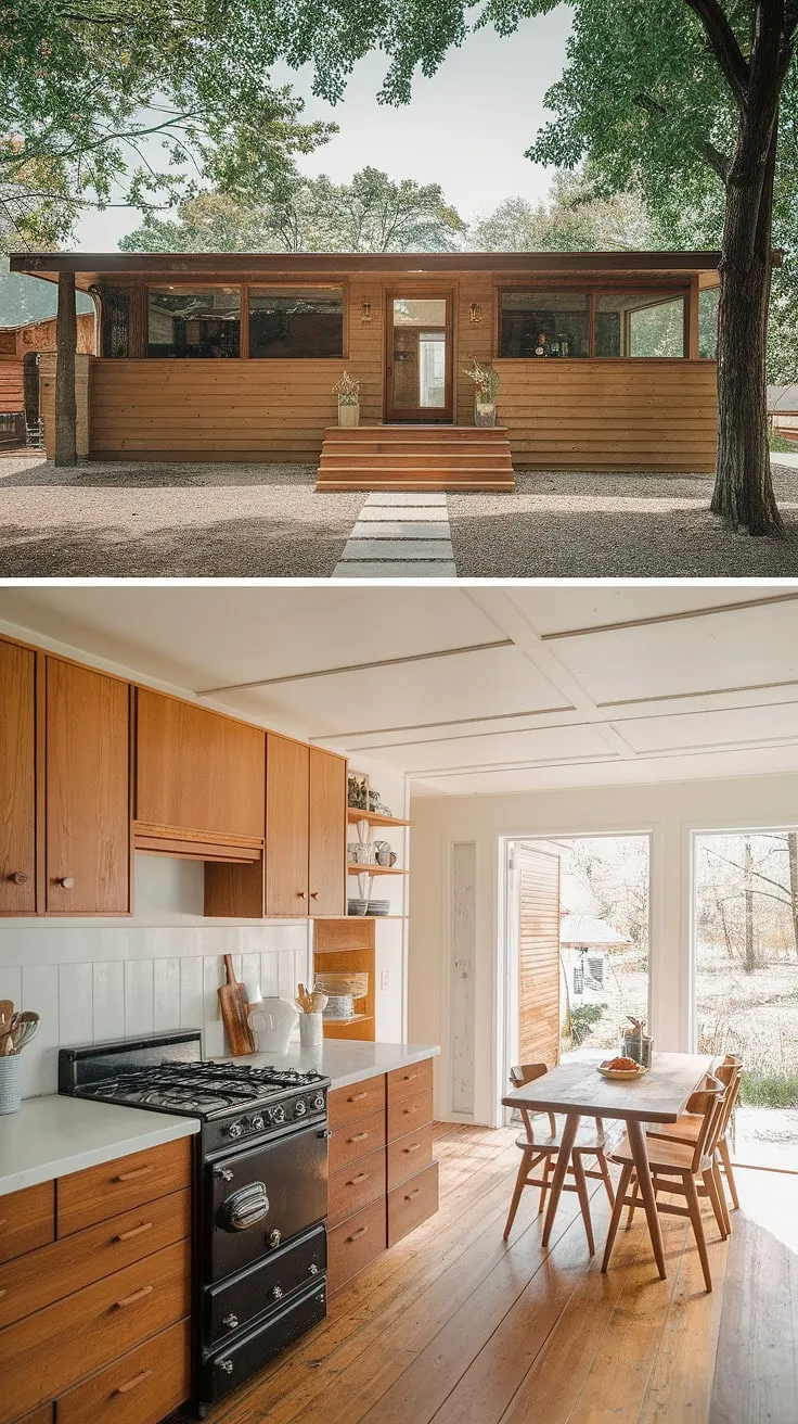 This thoughtfully designed home seamlessly blends the best of mid-century modern and farmhouse aesthetics. A minimalist kitchen with sleek white countertops and a black stove contrasts beautifully with the rich wood tones throughout. A perfect example of how simple design can create a space that is both functional and breathtakingly beautiful. A true escape.