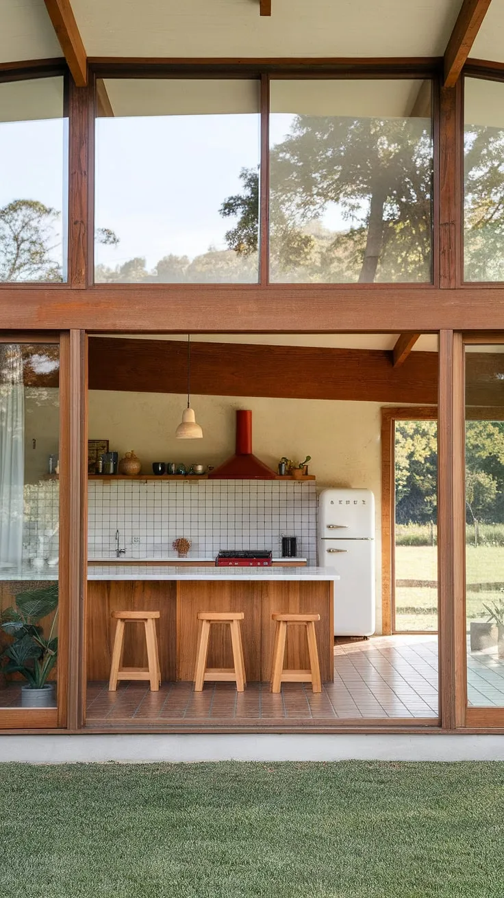 Nestled amidst lush greenery, this mid-century modern farmhouse boasts a kitchen that's both functional and aesthetically pleasing. The simple design, featuring a white countertop and wooden beams, creates a calming atmosphere. Large windows flood the space with natural light, highlighting the clean lines and minimal decor. A perfect example of how less can truly be more.