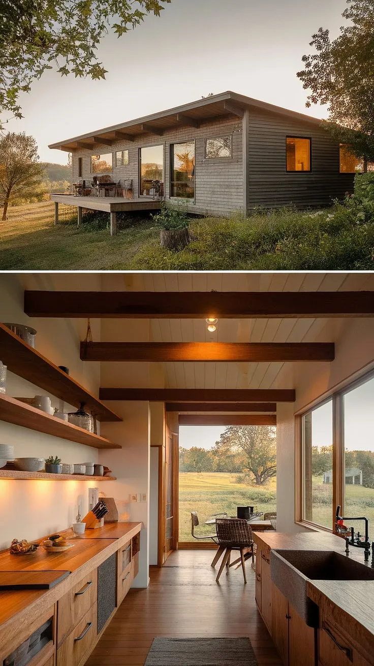 Where modern meets rustic. This mid-century modern farmhouse seamlessly blends minimalist design with the warmth of natural wood, creating a sanctuary nestled amongst the trees. The expansive windows and wooden deck offer breathtaking views, while the rustic kitchen, complete with a butcher block countertop and stone sink, provides a cozy, inviting heart to the home. A perfect blend of comfort and style.
