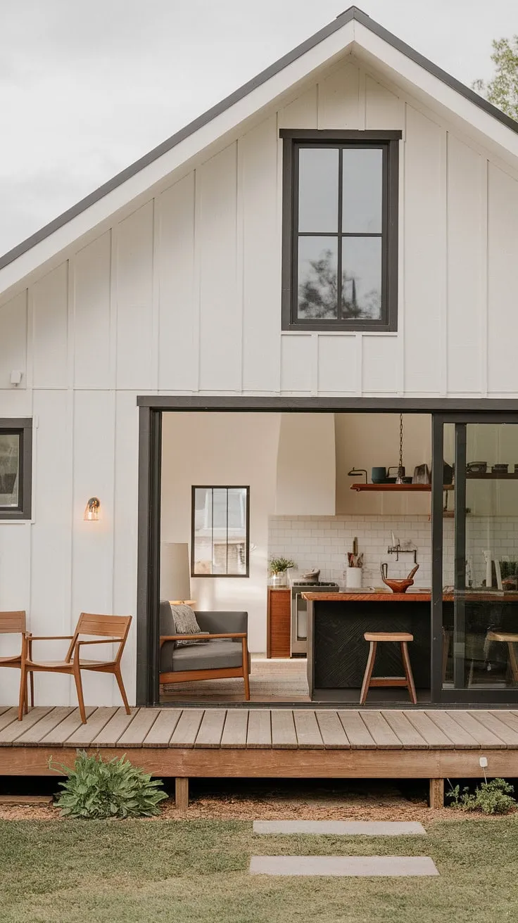 This stunning mid-century farmhouse seamlessly blends rustic charm with sleek modern design. The white exterior, black window frames, and warm wooden porch create an inviting entrance, while the interior boasts a minimalist aesthetic with carefully curated furniture and a functional, yet stylish kitchen. A true testament to timeless design.