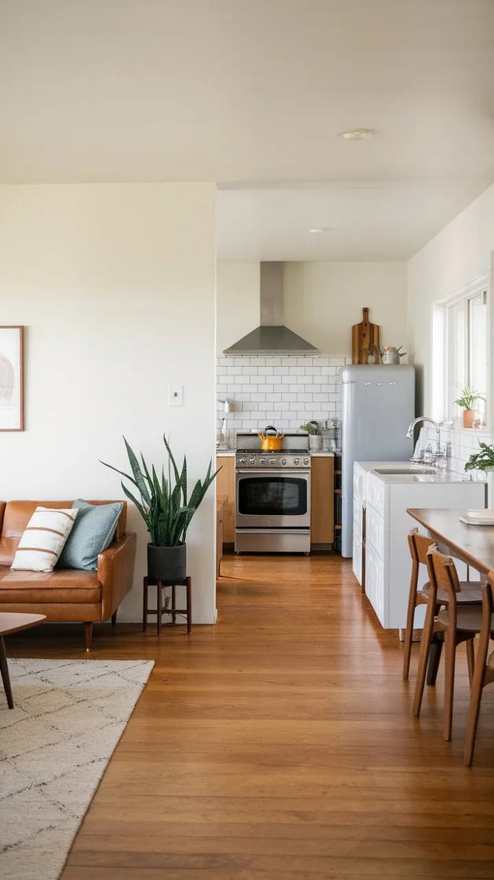 Bathed in sunlight, this mid-century modern farmhouse harmoniously combines minimalist elegance with serene functionality, enhanced by vibrant greenery.