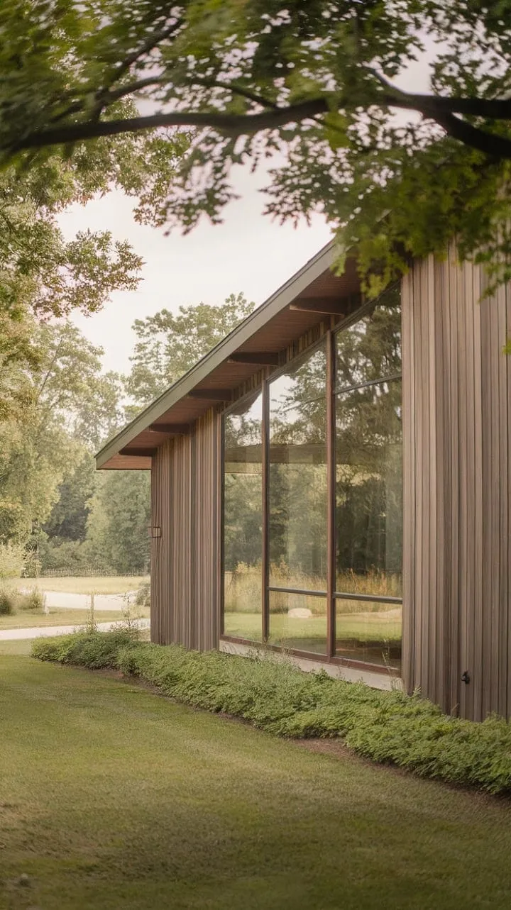 Sunlight waltzes over the warm wood of a minimalist mid-century farmhouse, crafting a tranquil retreat that celebrates the enduring charm of timeless architecture.