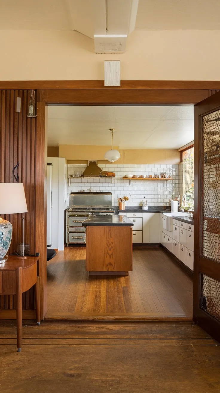 Step inside this mid-century modern dream, where the warmth of the wooden floors in the foyer flows seamlessly into the sleek, retro-chic kitchen. The vintage stove and crisp white cabinetry create a timeless elegance, perfectly complemented by the island's rich wood tones. A perfect blend of old-world charm and modern functionality.