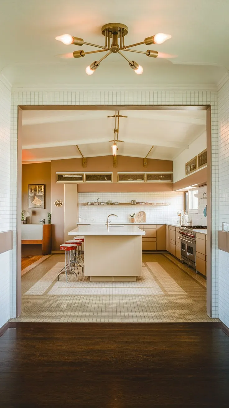 This home's architectural details, from the dark wood floors of the foyer to the patterned kitchen tile, showcase the enduring appeal of mid-century modern style. The spacious kitchen island, bathed in natural light, is the perfect place to gather and create memories. A true classic, reimagined for today.