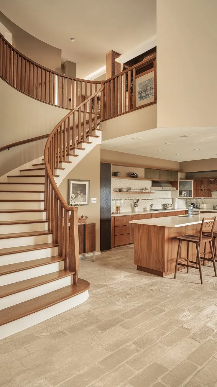 Step into a time capsule of mid-century modern elegance. The curved staircase, warm wood tones, and pristine white kitchen create a retro chic atmosphere that's both timeless and inviting. A perfect blend of form and function, this home effortlessly balances classic design with contemporary comfort. A true testament to enduring style.