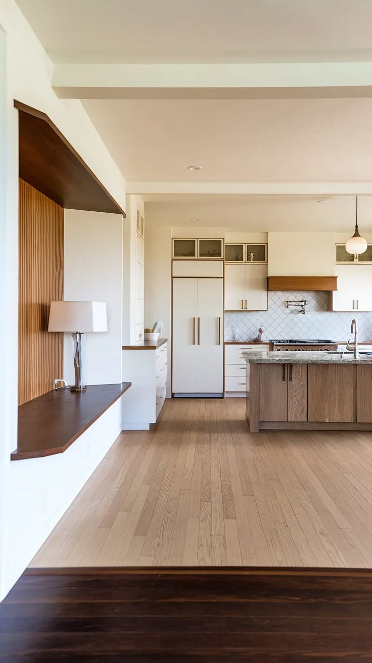 This home's transformation is breathtaking. The original mid-century architecture is beautifully complemented by a fresh, modern kitchen and a sophisticated foyer. The dark wood flooring provides a grounding element, while the white cabinetry and light wood floors in the kitchen create a sense of airy spaciousness. A perfect blend of old and new, this renovation is a masterclass in design.