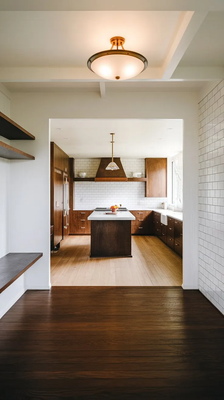 This retro-chic home effortlessly blends classic mid-century style with modern functionality. Notice the thoughtful details, from the dark hardwood floors in the foyer to the light wood kitchen island, a perfect spot to gather and share stories while preparing meals. The built-in shelving in the entryway provides ample space to showcase your favorite a, adding a personal touch to this stunning space.