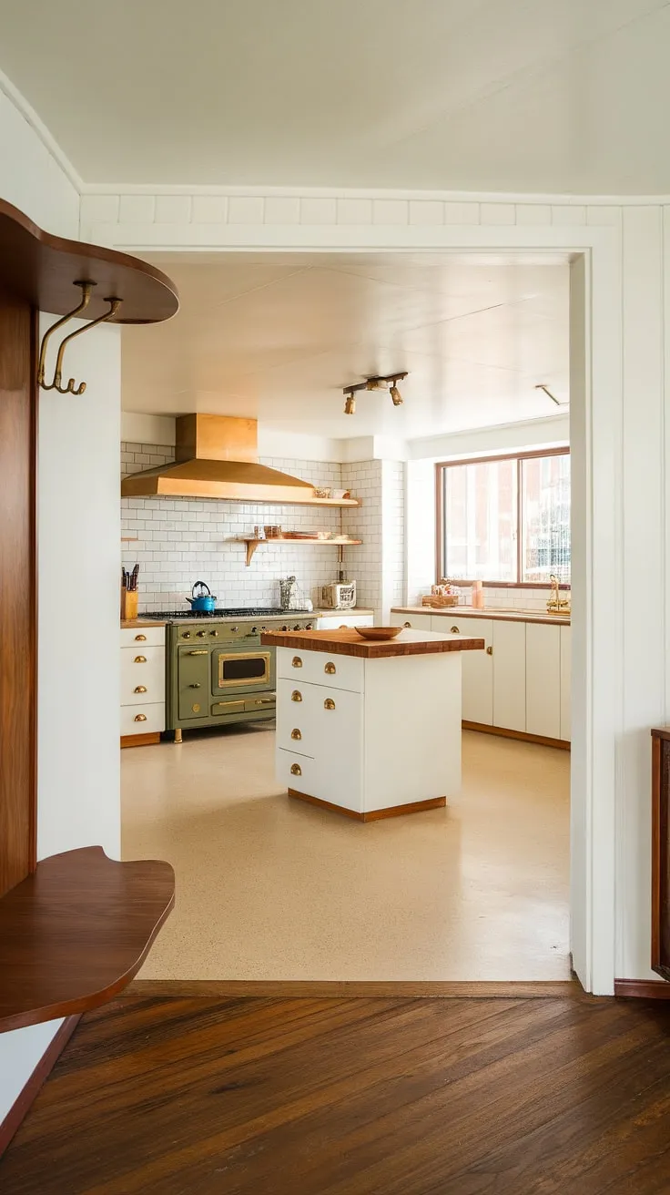 Step into a time capsule of mid-century modern elegance. The seamless flow from the warm wood floors of the foyer to the crisp white kitchen, complete with a vintage oven and brass hardware, is a testament to timeless design. A perfect blend of retro charm and contemporary functionality.