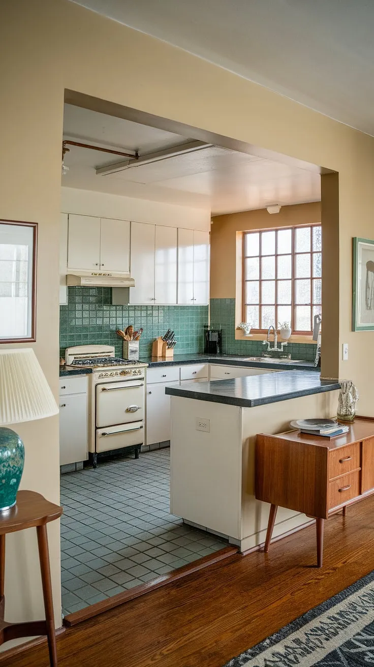 Step back in time with this mid-century modern dream. The sleek white cabinetry, vibrant green backsplash, and black countertops create a stunning contrast, while the vintage stove adds a touch of nostalgic charm. The open layout seamlessly connects the kitchen to the foyer, highlighted by a warm wooden console table – a perfect blend of form and function. A true testament to timeless design.