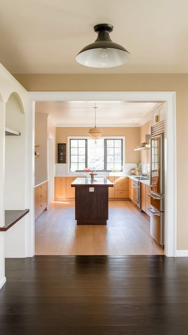This home remodel masterfully blends the warmth of mid-century modern with the playful sophistication of retro chic. The contrast between the dark wood floors of the entryway and the light wood kitchen floors, accented by the built-in shelving a and a statement island, creates a truly captivating space.