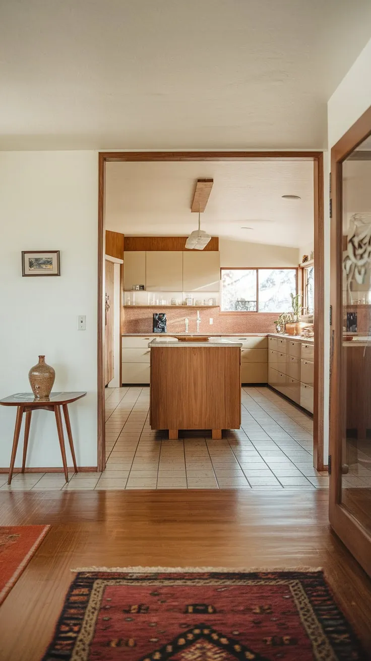 Sunlight streams through the expansive windows of this mid-century modern home, illuminating the warm wood floors of the foyer and the sleek, light-colored countertops of the open-plan kitchen. A simple vase adds a touch of elegance to the space, showcasing the home's understated sophistication. The seamless transition between the foyer and kitchen creates a feeling of airy spaciousness, perfectly embodying the era's design aesthetic.