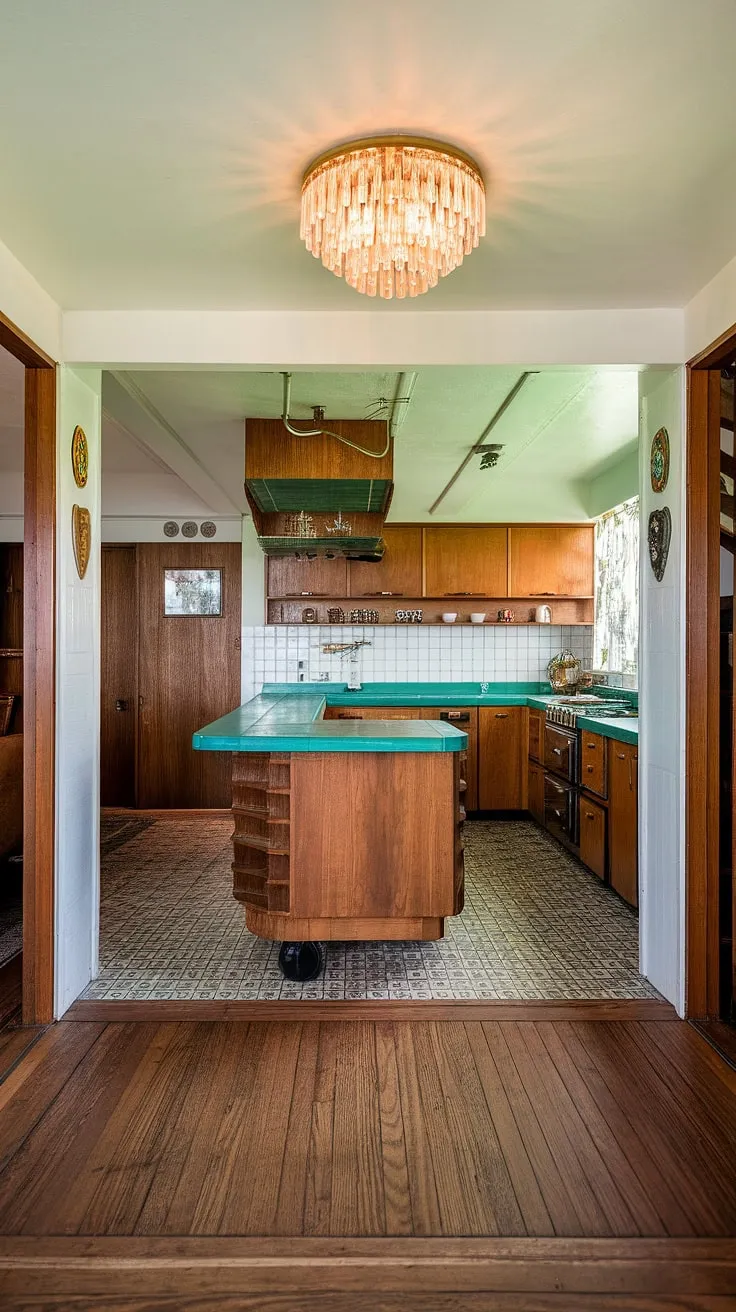 This mid-century modern marvel seamlessly blends the past and present. The eye-catching green kitchen countertops and patterned tile flooring are perfectly complemented by the warm wood accents and elegant chandelier, creating a home that's both timeless and incredibly inviting.