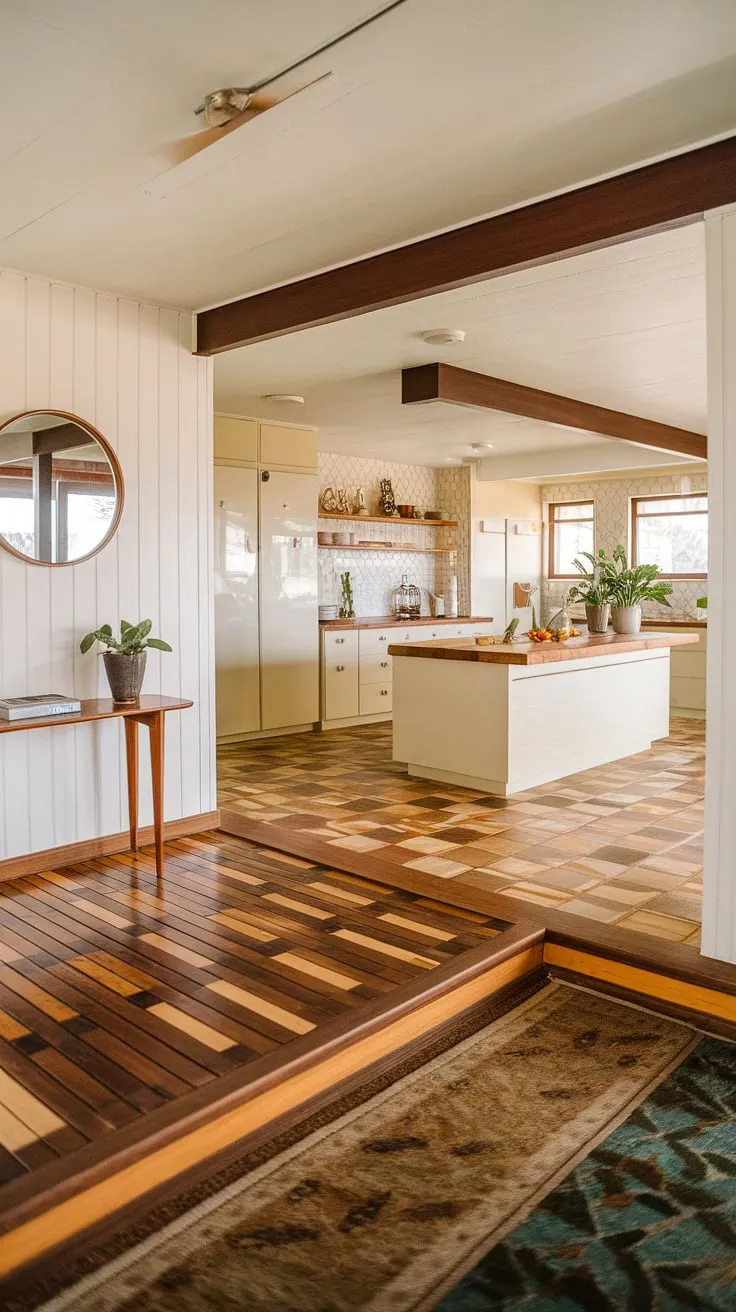 Mid-century modern magic: A flawlessly remodeled foyer and kitchen, showcasing a harmonious blend of retro chic and contemporary comfort. The unique parquet flooring flows seamlessly between spaces, tying together the warm wood tones and calming beige palette. A touch of greenery adds life to this beautifully curated space.