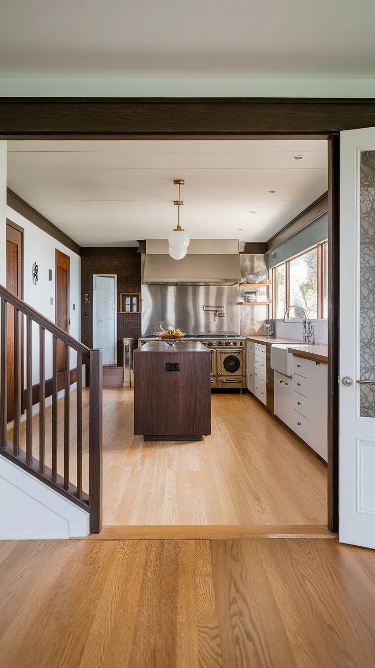 A stunning example of mid-century modern design, this home seamlessly blends the era's classic elements-like the dark wood accents and white cabinetry-with contemporary updates. The open floor plan connecting the foyer and kitchen creates a feeling of spaciousness and flow, while the vintage oven adds a touch of nostalgic charm. A true testament to enduring style.
