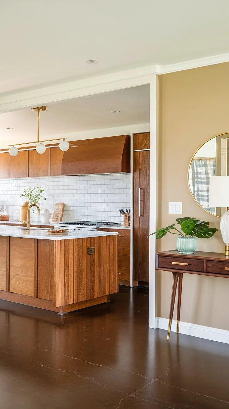 Warm wood tones and sleek marble create a stunning contrast in this mid-century modern kitchen remodel. The updated space seamlessly blends classic design elements with contemporary functionality, creating a home that's both stylish and inviting. A thoughtfully curated foyer completes the picture, welcoming guests into this beautifully renovated space.