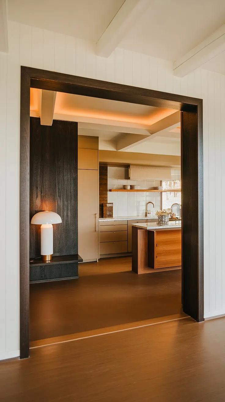 Warm light spills across the polished wood floors, highlighting the seamless flow between the mid-century modern foyer, with its striking dark wood accent wall and elegant gold lamp, and the inviting kitchen, featuring a rich wooden island and calming beige cabinetry. A perfect blend of classic design and contemporary comfort. A space that effortlessly balances sophistication and warmth.