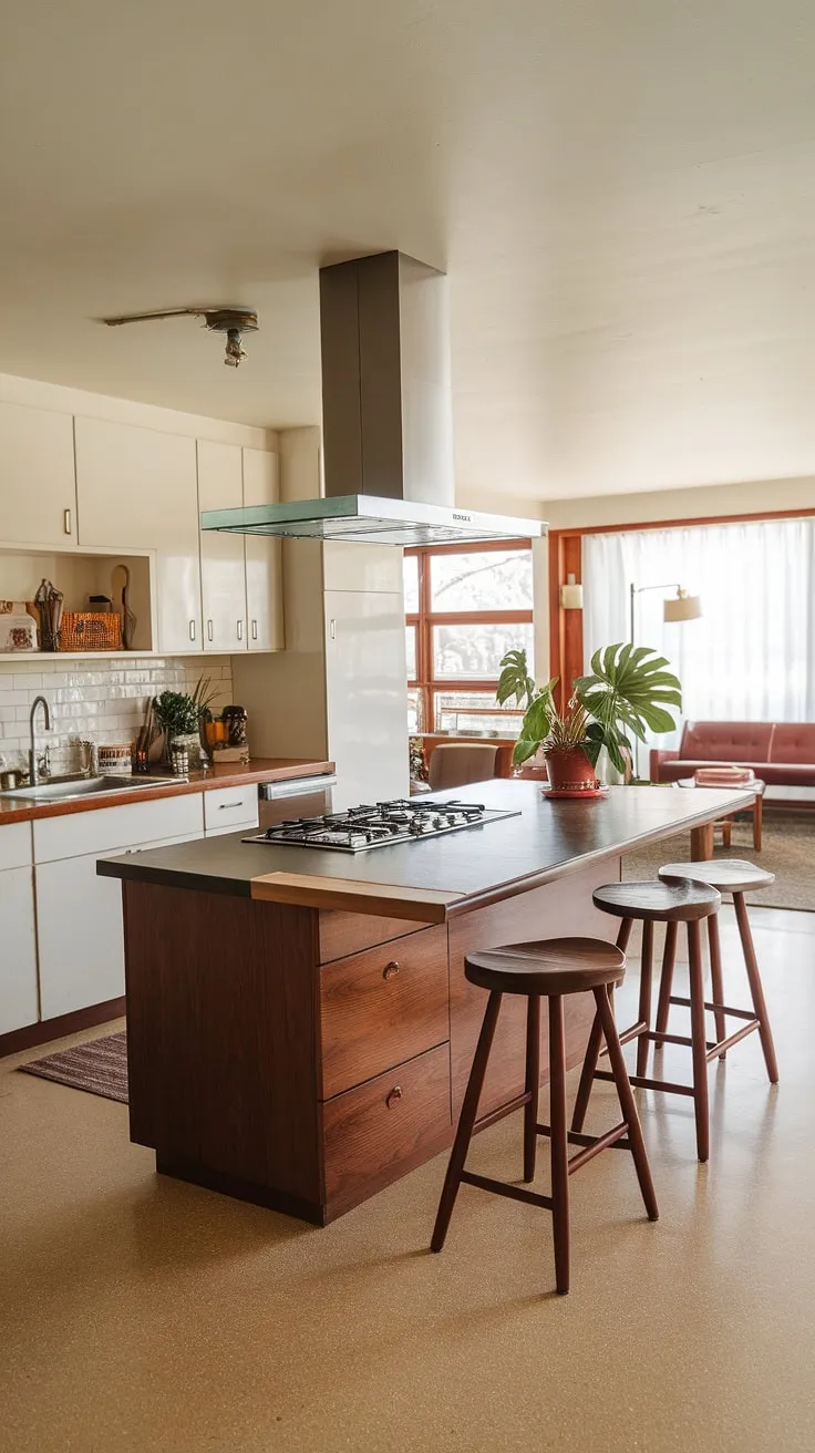 The heart of the home: a mid-century modern kitchen designed for both style and functionality. The wooden island, complete with a built-in stove, anchors the space, while the white cabinets and beige flooring create a bright and airy atmosphere. The open concept effortlessly connects the kitchen to the living area, creating a welcoming and inviting environment. A simple green plant adds a touch of nature to this perfectly curated space.