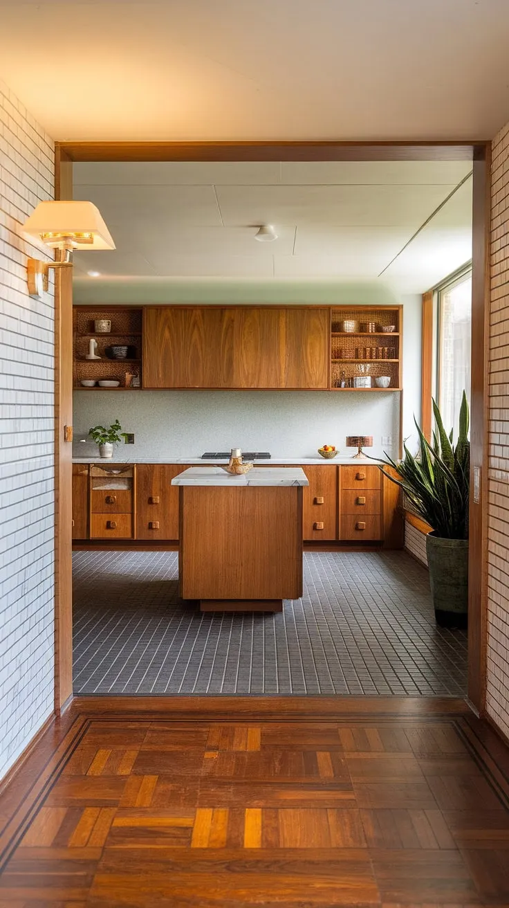 This retro-chic kitchen remodel is a masterclass in mid-century modern design. The carefully curated details, from the patterned wooden floors in the foyer a to the sleek marble island and grey tile backsplash, create a space that's both timeless and utterly captivating.