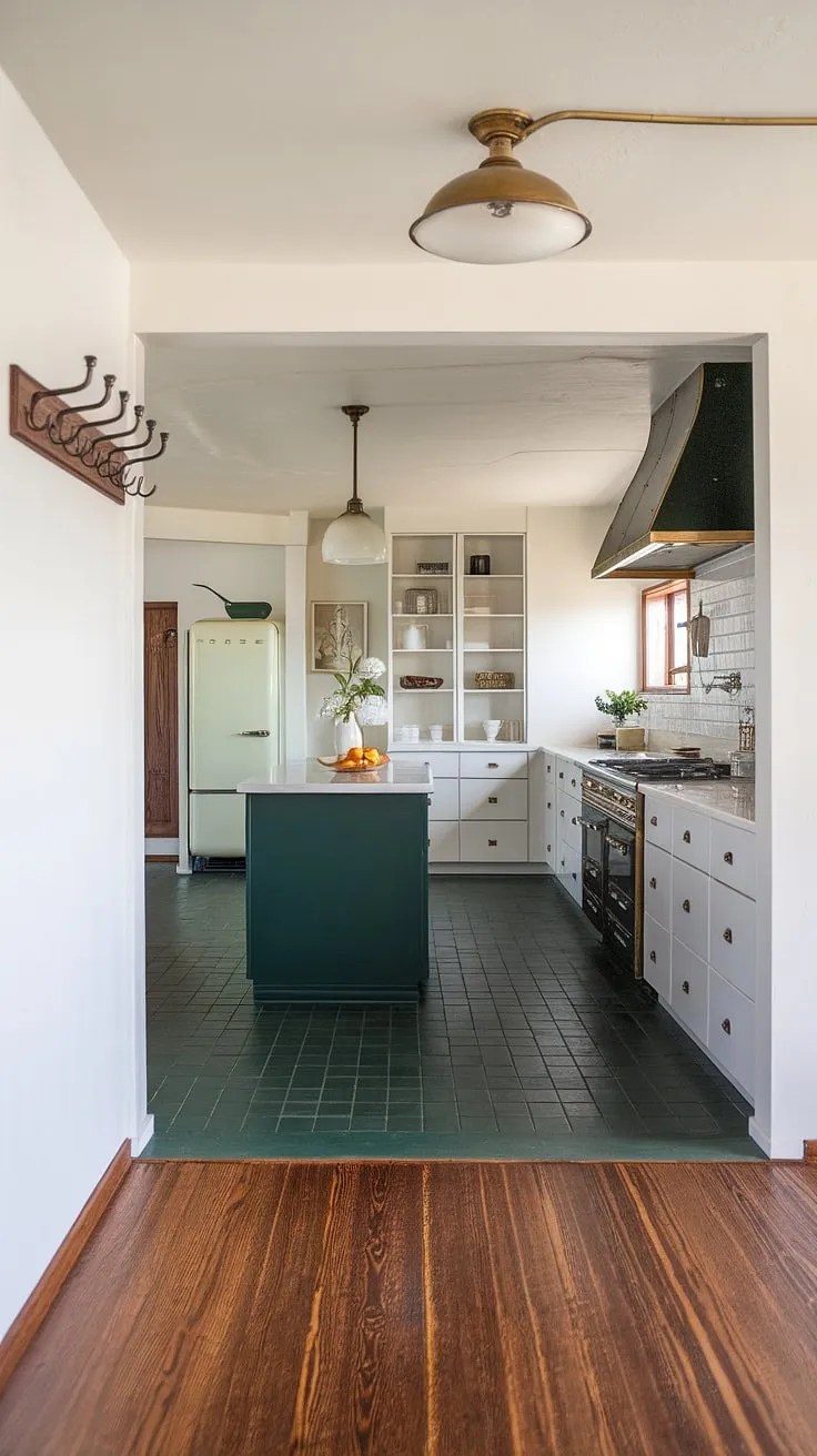 Mid-century modern magic reborn. This remodel seamlessly blends retro chic with contemporary comfort, showcasing a stunning kitchen with a dark green island and vintage refrigerator, all anchored by rich green tile flooring and a warm wood foyer. The brass details add a touch of vintage glamour, creating a home that's both stylish and inviting.