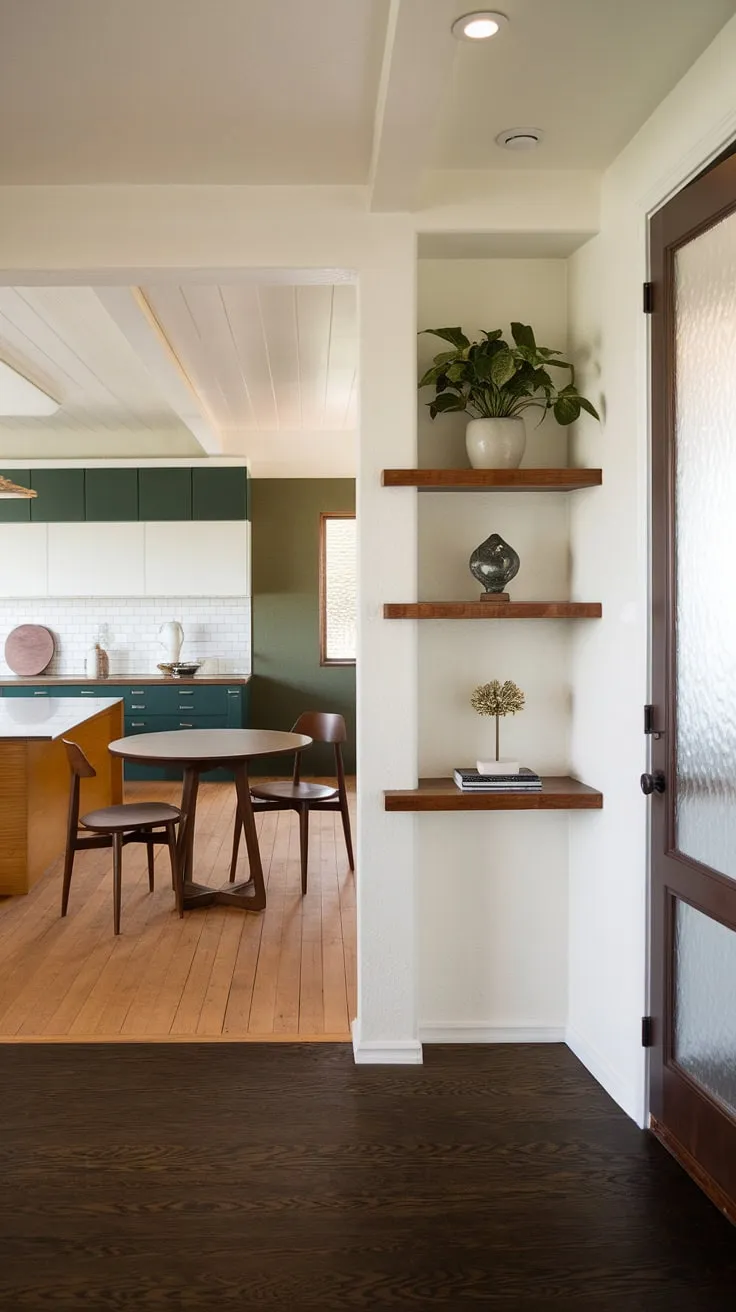Mid-century modern magic reborn. The seamless flow from the dark wood foyer, showcasing a curated simplicity, to the vibrant kitchen with its playful mix of green and white cabinetry, is a testament to thoughtful design and meticulous craftsmanship. A stunning remodel that perfectly balances vintage charm with contemporary functionality. A true masterpiece.