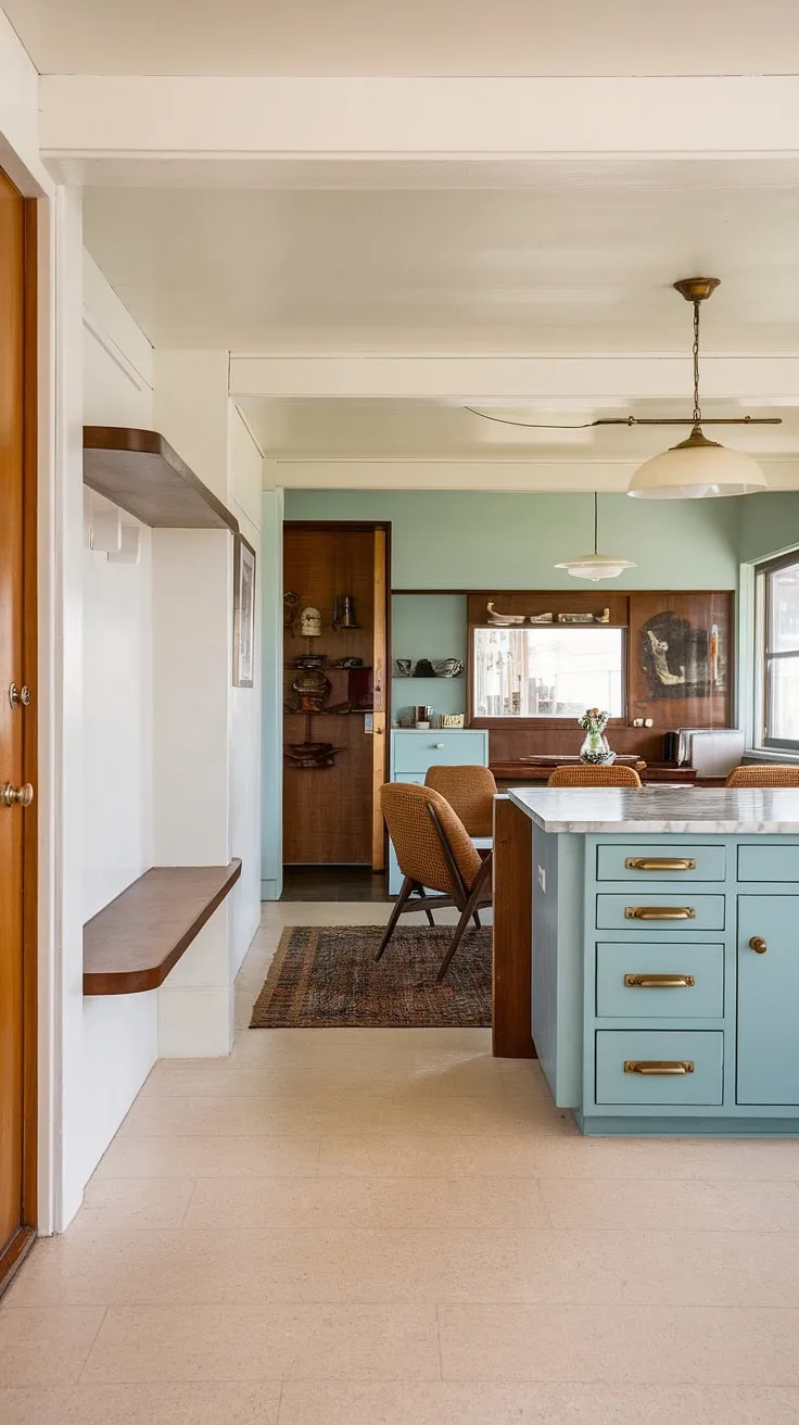 Mid-century modern magic: A stunning remodel that seamlessly blends original charm with contemporary updates. The light-filled foyer, complete with built-in shelving, flows effortlessly into a kitchen boasting a marble-topped island, light blue cabinetry, and brass hardware-a testament to thoughtful design and meticulous craftsmanship. The vintage light fixture adds a touch of nostalgic elegance.