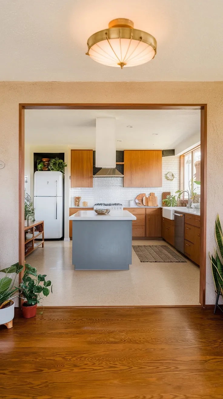 This stunning renovation flawlessly marries the best of mid-century modern design with today's living. The updated kitchen, with its gray island and warm wood cabinetry, flows effortlessly into a beautifully restored foyer, showcasing the home's original character. The result? A space that's both stylish and incredibly livable, a testament to thoughtful design and quality craftsmanship.