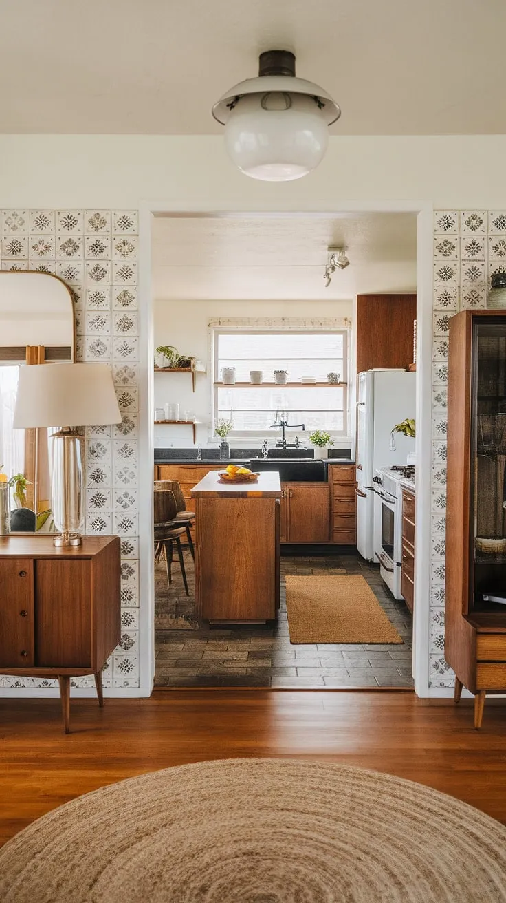 Step inside this mid-century modern dream, where the warmth of the wooden floors and cabinetry in the foyer flows seamlessly into the stylish kitchen. The patterned tiles and carefully chosen furnishings create a space that's both timeless and effortlessly chic. A perfect blend of form and function, this home is a testament to classic design.