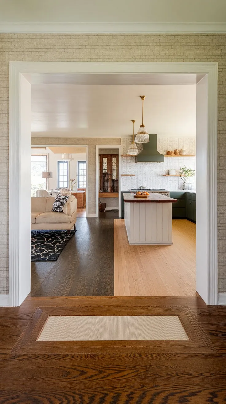 This retro-chic home renovation is a testament to timeless design. The updated foyer and kitchen are a stunning showcase of how to incorporate modern elements while preserving the mid-century modern aesthetic. The dark hardwood floors, light beige walls, and carefully chosen furniture create a cohesive and inviting atmosphere. A true reflection of classic style reimagined for today's living.