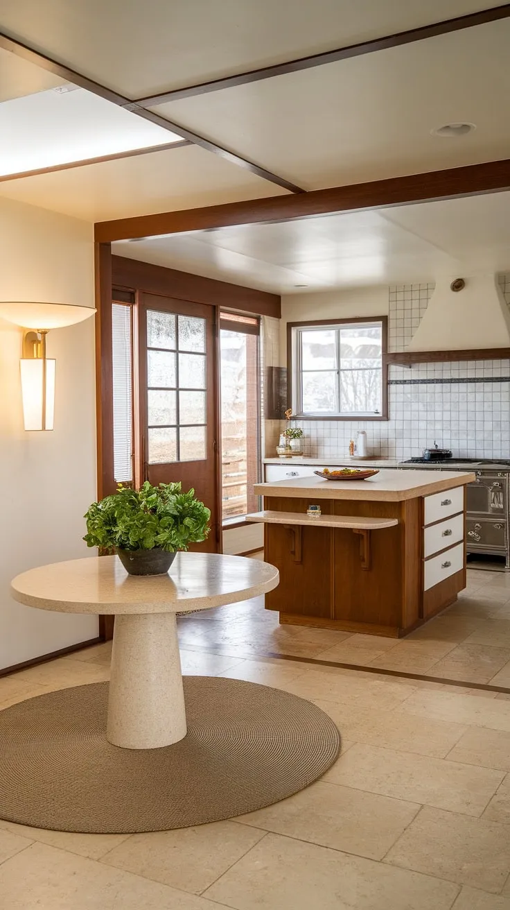 This retro-inspired home effortlessly blends classic mid-century modern design with contemporary comfort. The spacious foyer and adjoining kitchen, featuring clean lines and warm, natural materials, create a welcoming and inviting atmosphere. A testament to enduring style and sophisticated living.