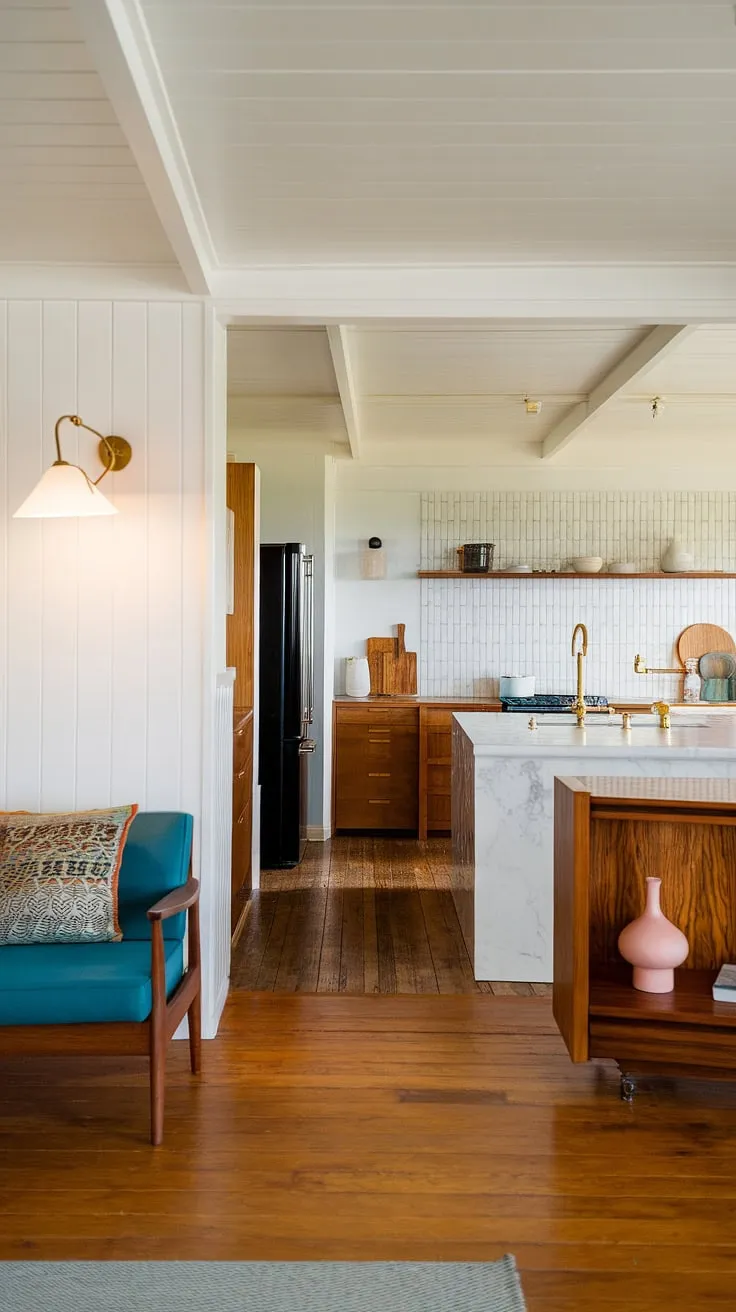 This mid-century modern home effortlessly marries the cozy comfort of a well-loved living space with the sleek functionality of a stylish kitchen. The interplay of light and shadow, the rich textures, and the carefully curated details create a space that is both beautiful and incredibly livable.