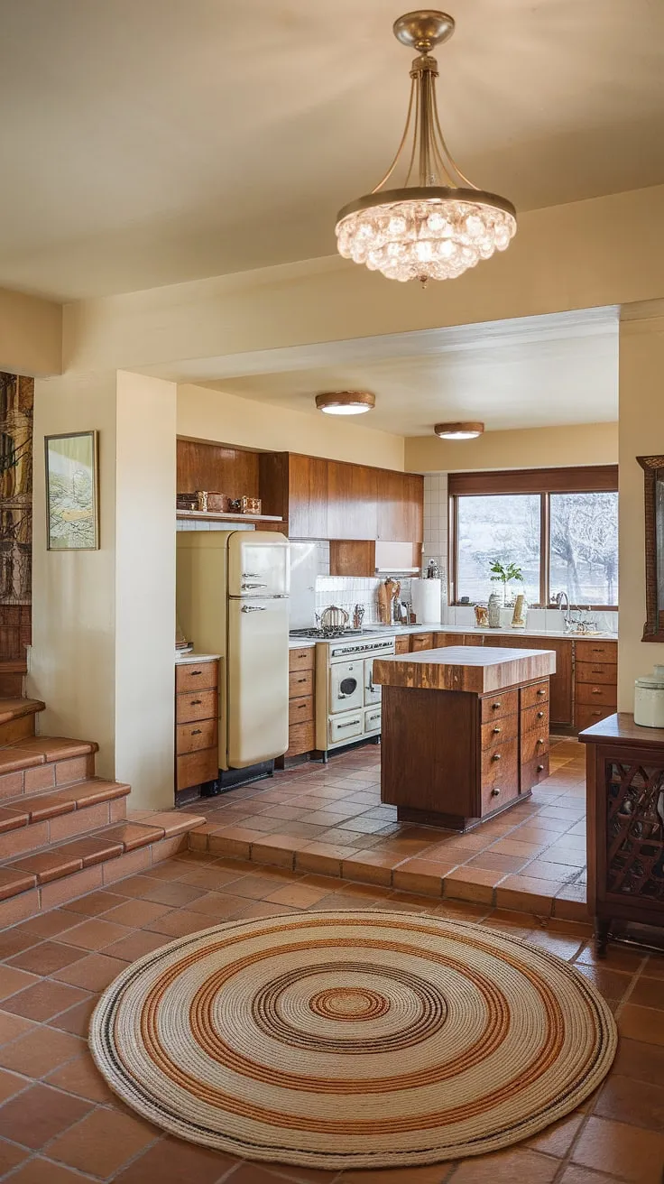 Step back in time and experience the effortless cool of mid-century modern living. This home's retro chic design, from the terracotta tile floors to the vintage stove and butcher block island, is a testament to timeless style. A true sanctuary of calm and sophisticated design.