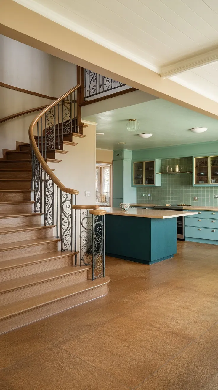 This stunning home renovation perfectly balances the charm of mid-century architecture with a fresh, retro-chic aesthetic. The updated foyer and kitchen are a testament to thoughtful design, showcasing a sophisticated color palette and a seamless flow between spaces. The blonde wood staircase, the dark green island, and the light blue cabinetry all work together to create a truly unique and inviting atmosphere. A beautiful example of how to blend old and new with effortless grace.