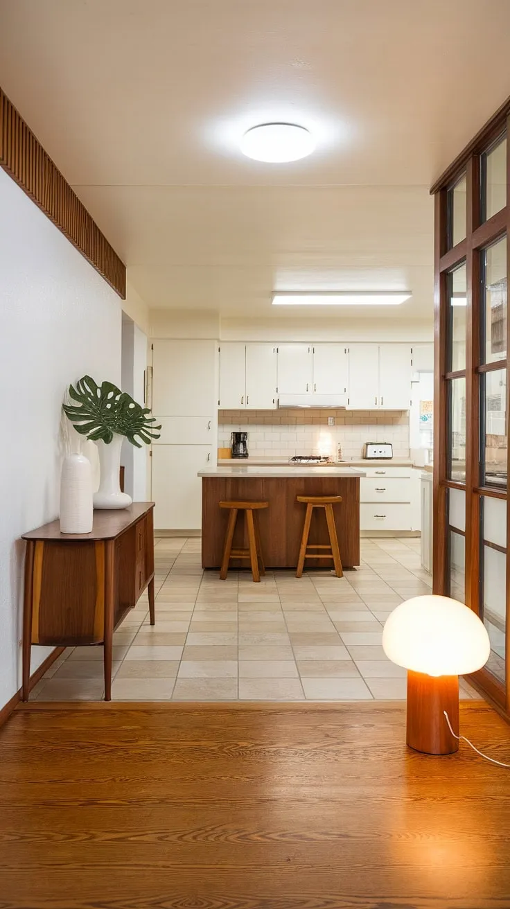 Mid-century modern meets contemporary comfort. The remodeled foyer and kitchen seamlessly blend original architectural details with updated style, creating a space that's both timeless and inviting. A perfect balance of light and warmth, achieved through thoughtful design and the careful selection of materials.