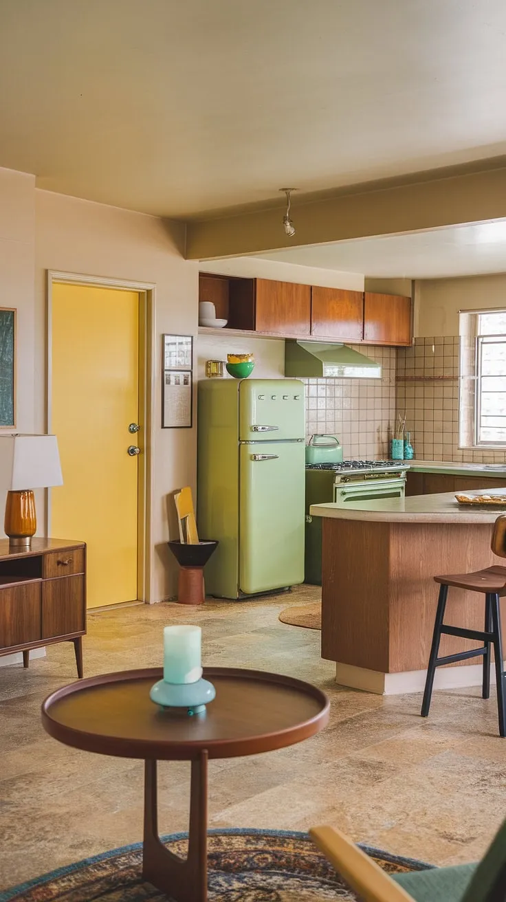 Step inside this mid-century modern dream home, where sunshine-yellow doors and a retro-chic kitchen await. The warm beige tones and carefully curated furniture create a space that's both effortlessly stylish and incredibly inviting. A perfect blend of form and function, this home is a testament to timeless design.