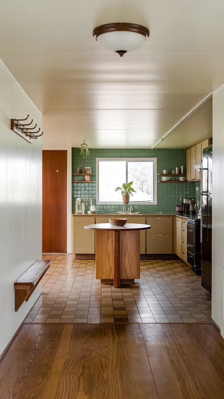Step inside this mid-century modern dream home, where the warmth of the wooden floors and the cheerful green kitchen backsplash create a welcoming atmosphere. The seamless flow between the foyer and kitchen, highlighted by the consistent use of natural materials, is a testament to timeless design. A perfect blend of functionality and style, this home effortlessly balances modern convenience with classic charm.