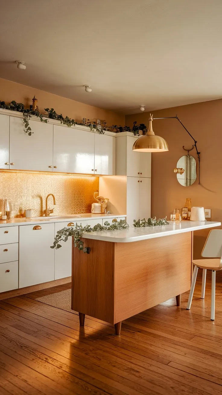 This mid-century modern kitchen is a dream. The creamy beige walls and warm wooden floors create a welcoming atmosphere, while the white island, topped with greenery, adds a touch of freshness. The golden details, from the pendant light to the cabinet hardware, are the perfect finishing touch, creating a space that's both elegant and inviting. A true testament to classic design.