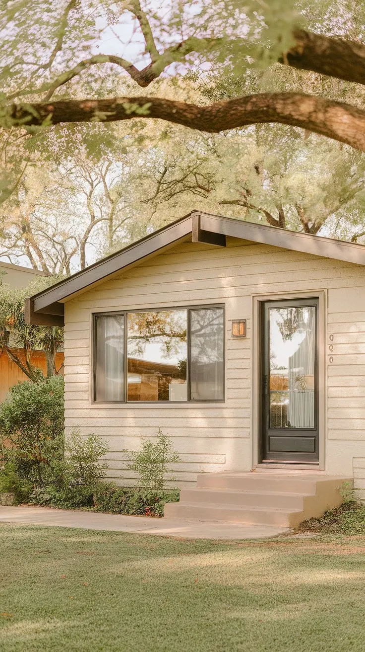 This mid-century modern bungalow, bathed in warm afternoon light, exudes a timeless charm. The creamy stucco exterior and sleek black door create a striking contrast, perfectly complemented by the lush, verdant landscaping. A perfect example of understated elegance.