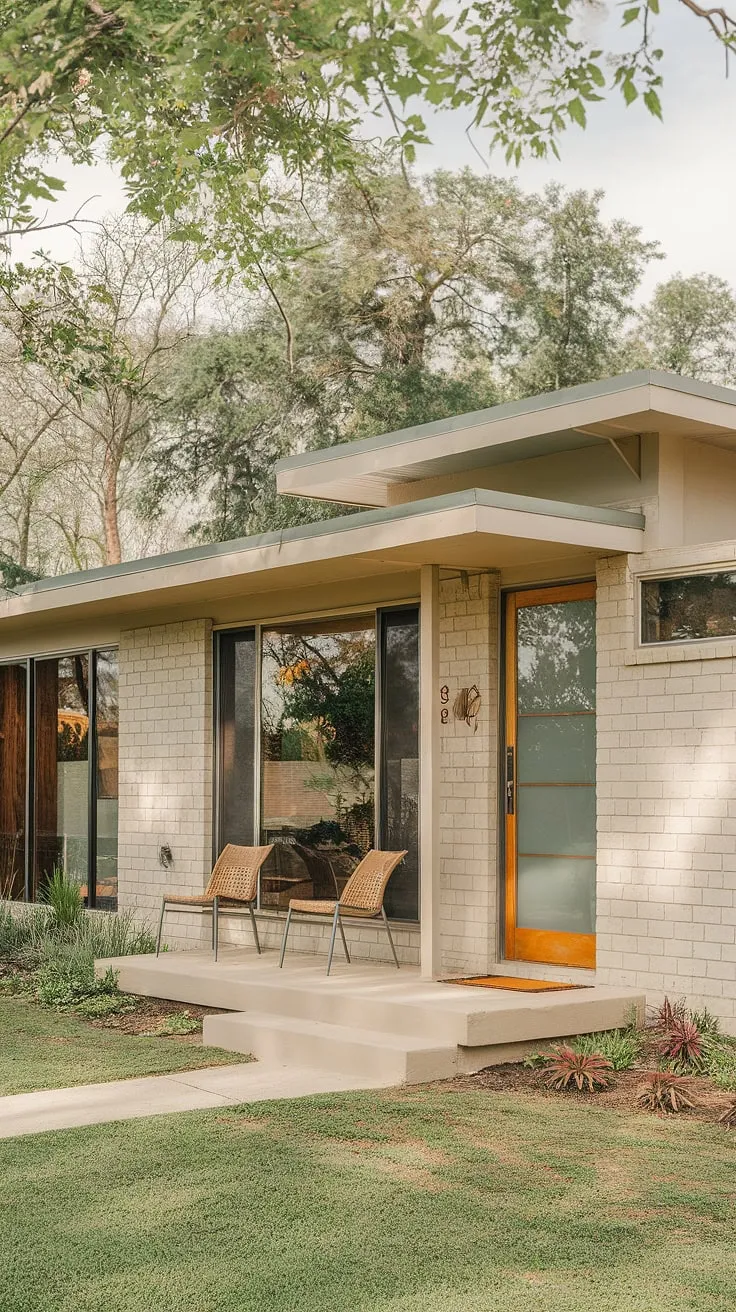 Step back in time with this stunning mid-century modern masterpiece. The light beige stucco, flat roof, and inviting front porch create a sense of calm and serenity. A true testament to classic design and enduring appeal.