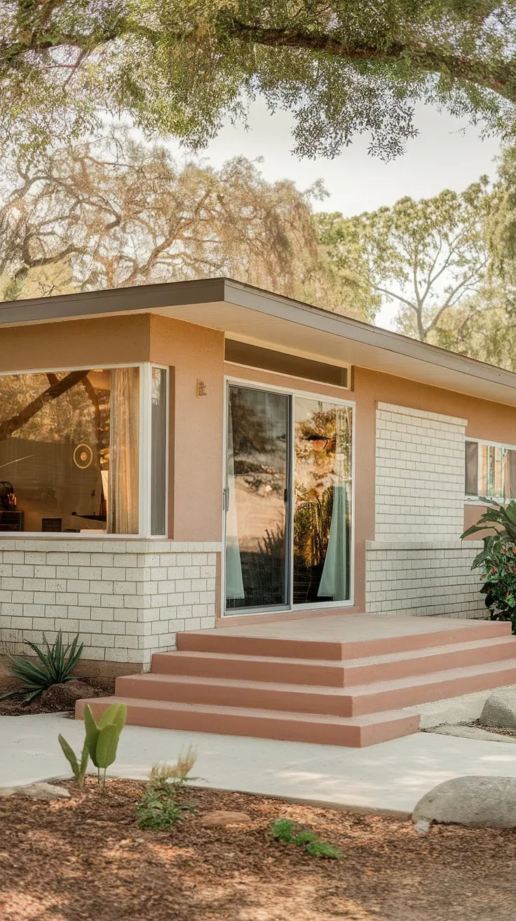 A picture of understated elegance: this stucco home's clean lines and expansive windows perfectly capture the essence of mid-century modern design. The muted color palette complements the vibrant greenery, creating a serene and inviting atmosphere. A true oasis of calm.