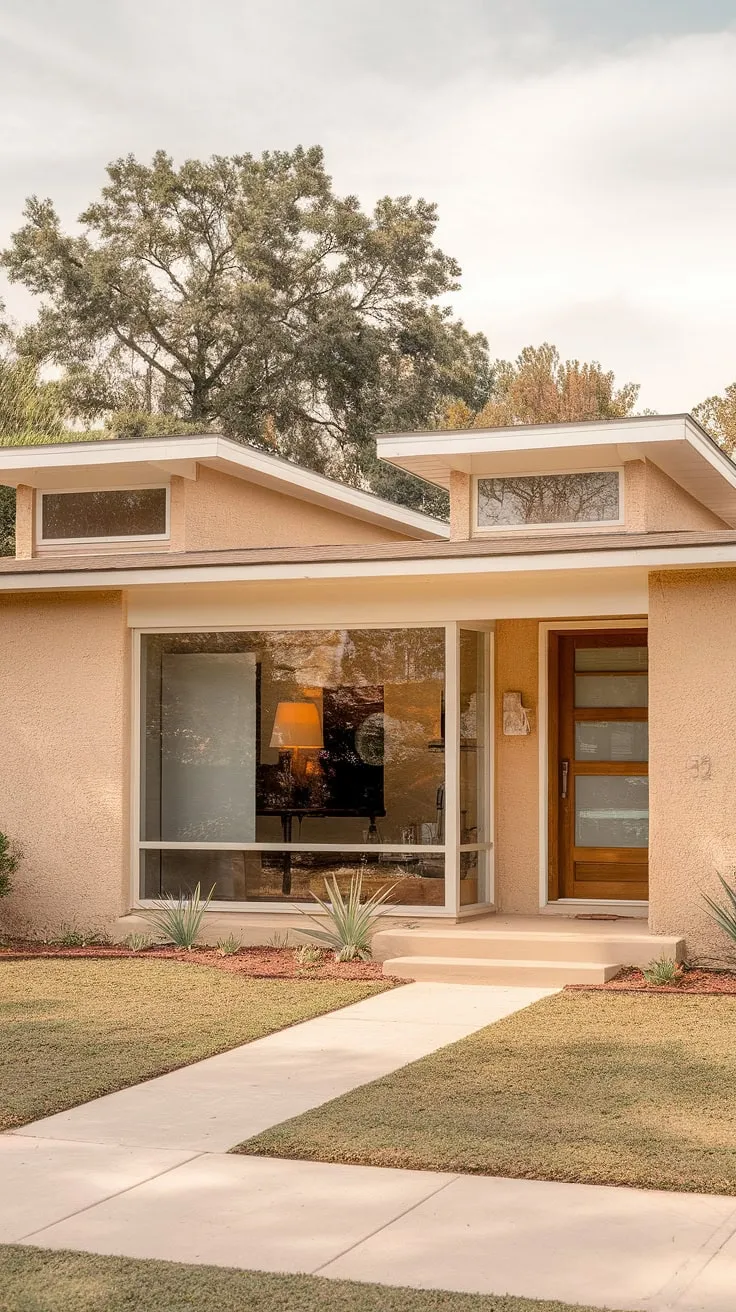 A picture of understated sophistication: this mid-century modern home boasts clean lines, a welcoming wooden door, and the perfect balance of light and shadow. The subtle details, from the dormer windows to the carefully chosen landscaping, speak volumes about the thoughtful design and enduring appeal of this architectural style. A true sanctuary awaits within.