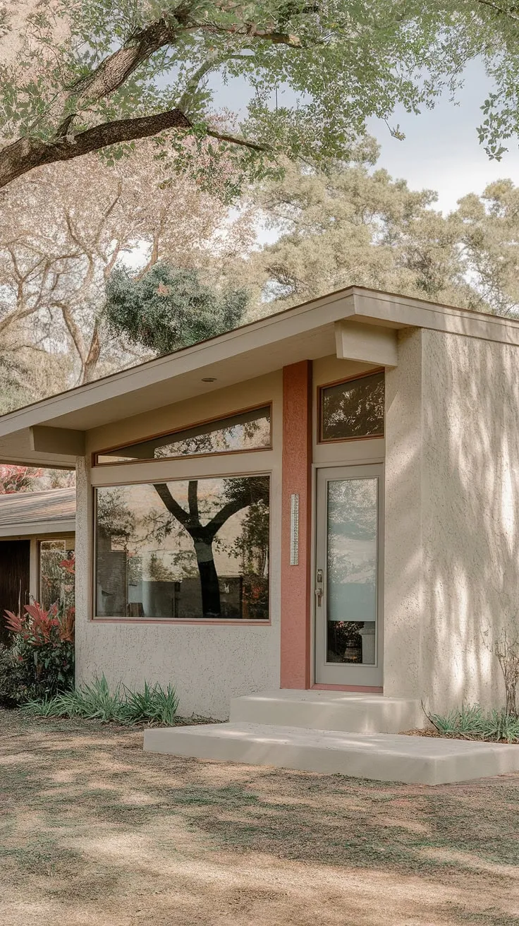 Mid-century modern dreams are made of this: A tranquil oasis where clean lines meet lush landscaping, showcasing the timeless appeal of stucco exteriors and the inviting warmth of a contrasting entryway. The expansive windows promise an abundance of natural light, creating a home that's both stylish and serene.